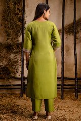 Pista Green Art Silk Straight Cut Embroidered Kurti Set