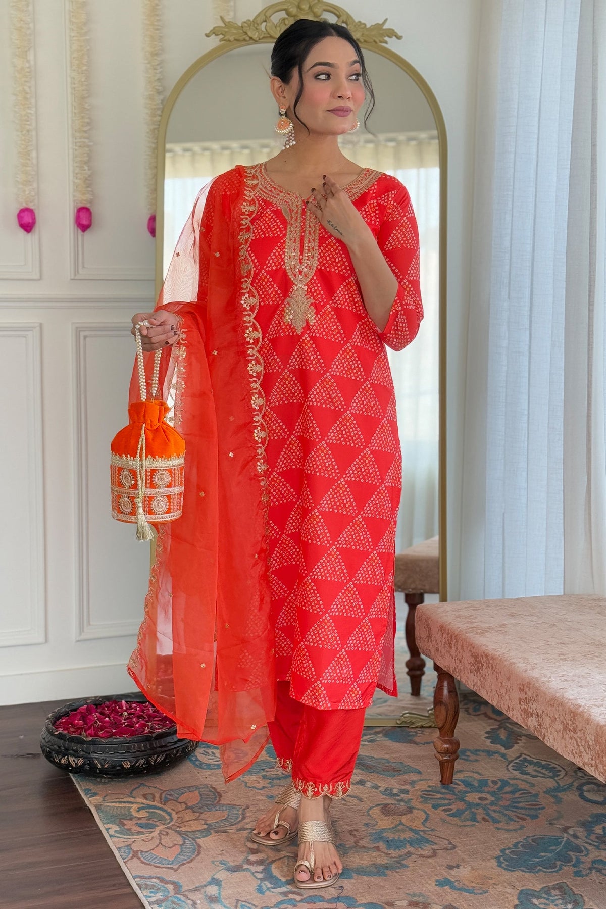 Orange Crepe Embroidered Straight Cut Kurti Set