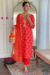 Orange Crepe Embroidered Straight Cut Kurti Set