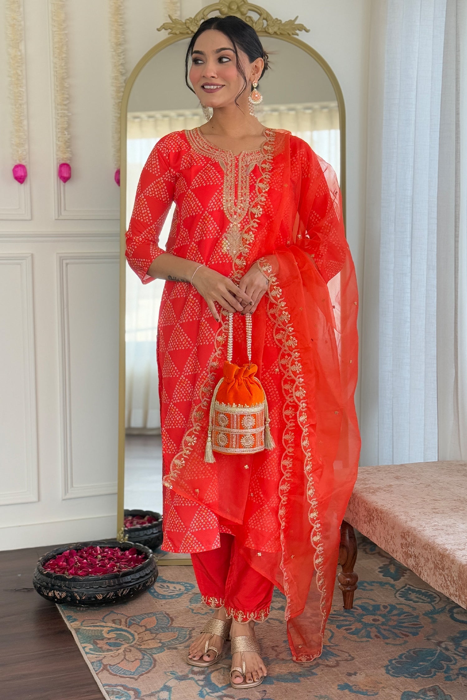 Orange Crepe Embroidered Straight Cut Kurti Set