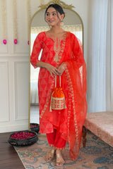 Orange Crepe Embroidered Straight Cut Kurti Set