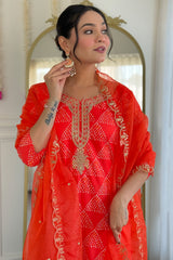 Orange Crepe Embroidered Straight Cut Kurti Set