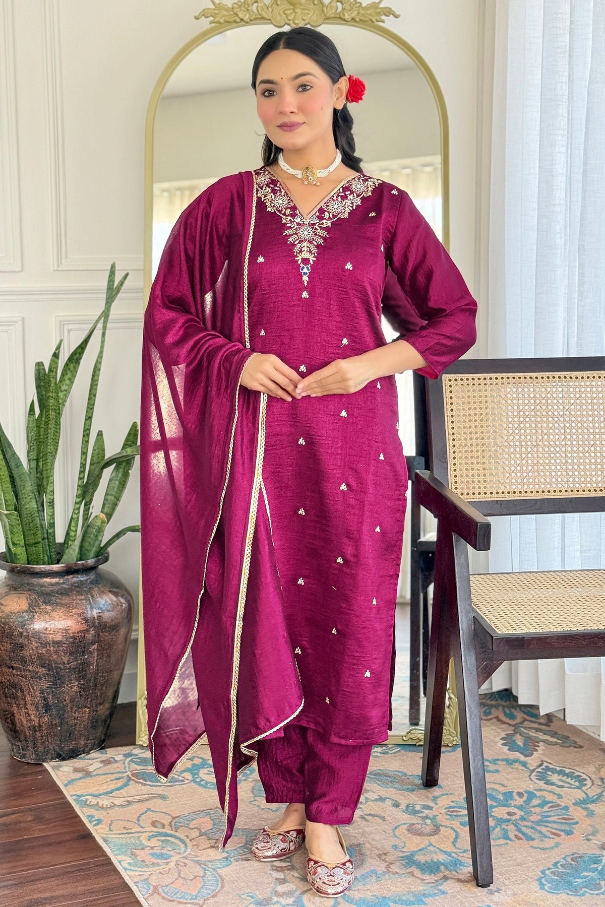 Purple Art Silk Embroidered Straight Cut Kurti Set