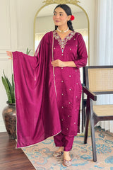 Purple Art Silk Embroidered Straight Cut Kurti Set