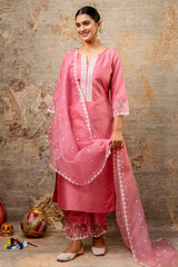 Pink Silk Embroidered Straight Cut Kurti Set