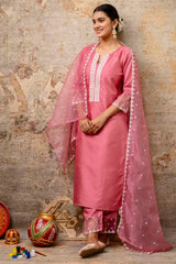 Pink Silk Embroidered Straight Cut Kurti Set