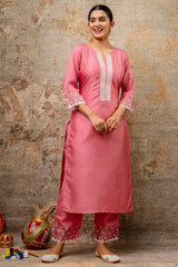 Pink Silk Embroidered Straight Cut Kurti Set