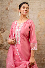 Pink Silk Embroidered Straight Cut Kurti Set