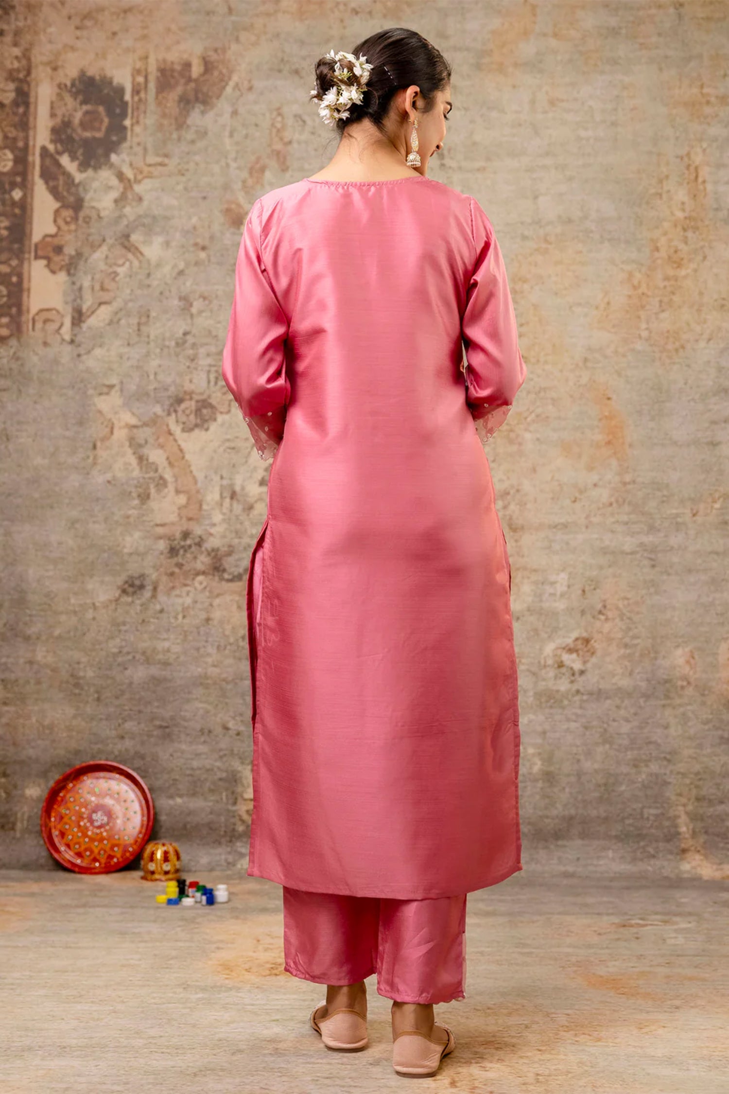 Pink Silk Embroidered Straight Cut Kurti Set