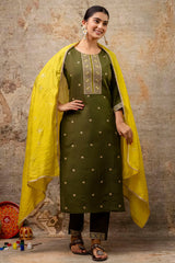 Olive Green Silk Embroidered Straight Cut Kurti Set