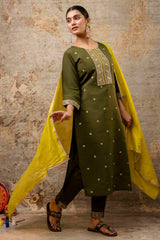 Olive Green Silk Embroidered Straight Cut Kurti Set