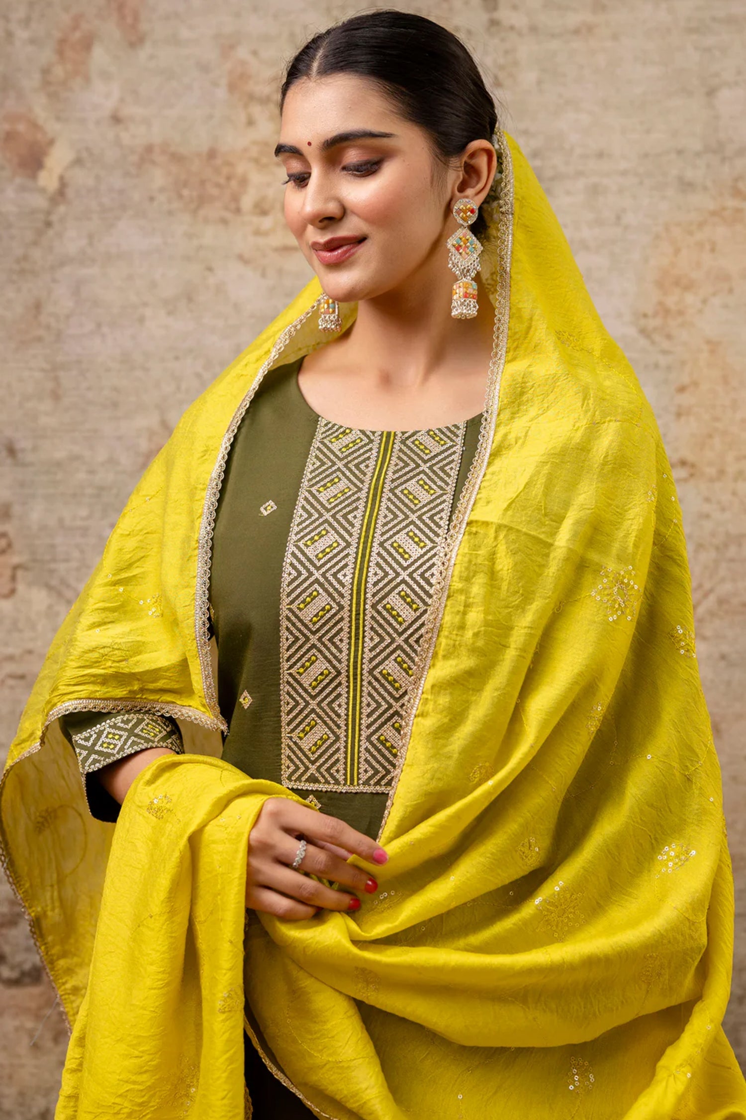 Olive Green Silk Embroidered Straight Cut Kurti Set