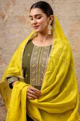 Olive Green Silk Embroidered Straight Cut Kurti Set