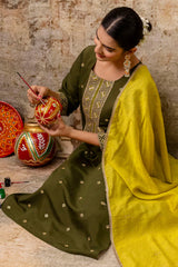 Olive Green Silk Embroidered Straight Cut Kurti Set
