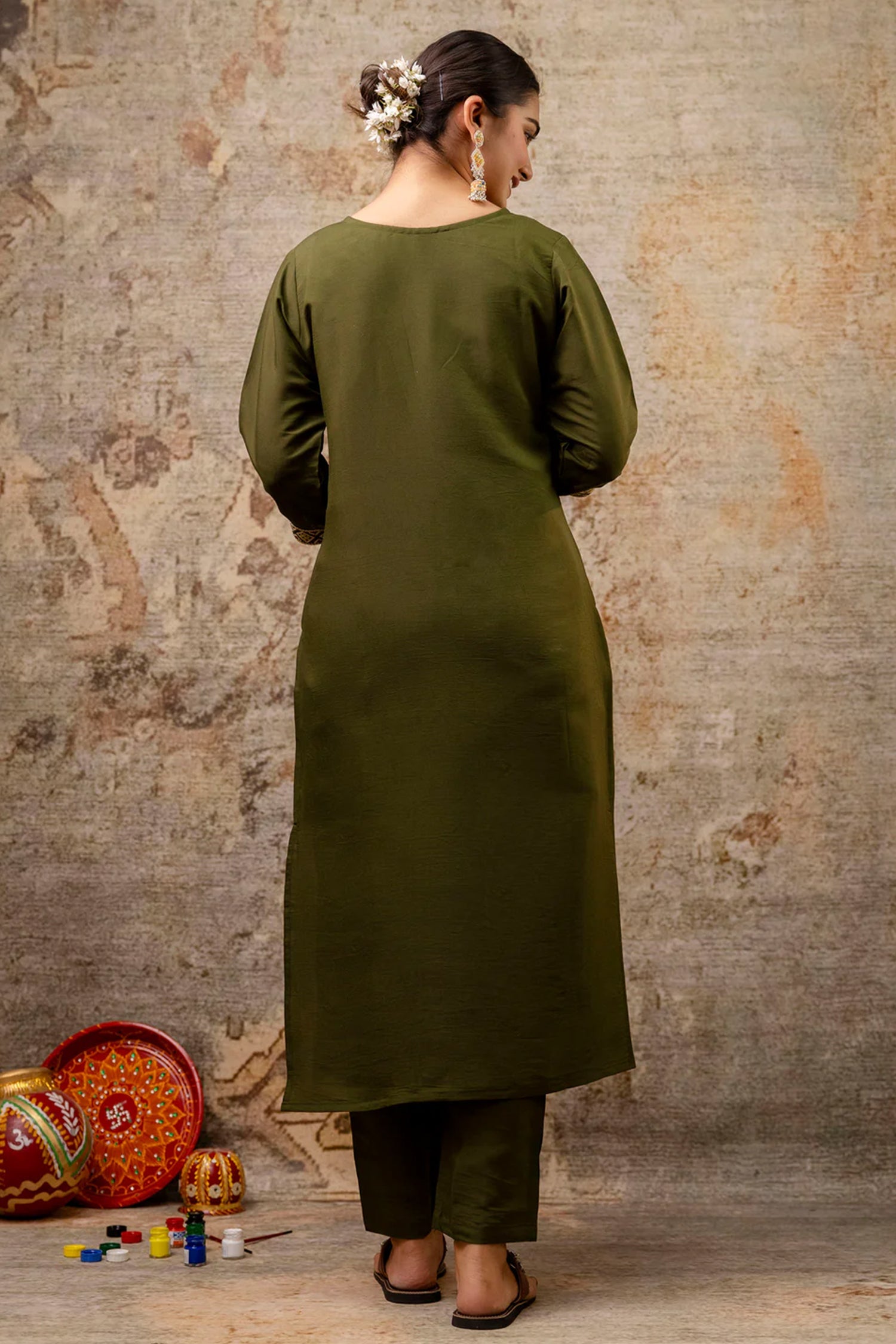 Olive Green Silk Embroidered Straight Cut Kurti Set