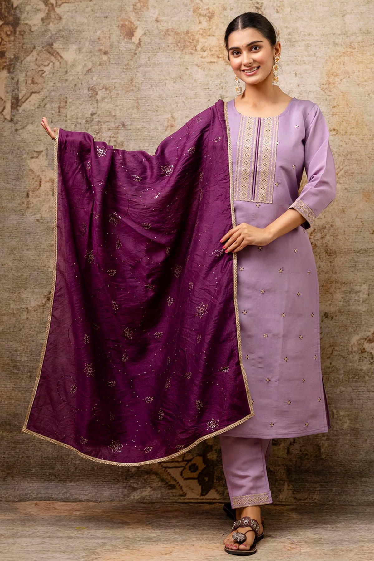 Lavender Purple Silk Embroidered Straight Cut Kurti Set