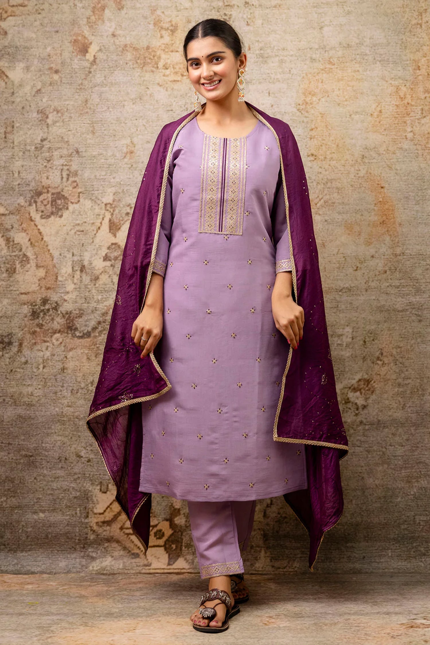 Lavender Purple Silk Embroidered Straight Cut Kurti Set