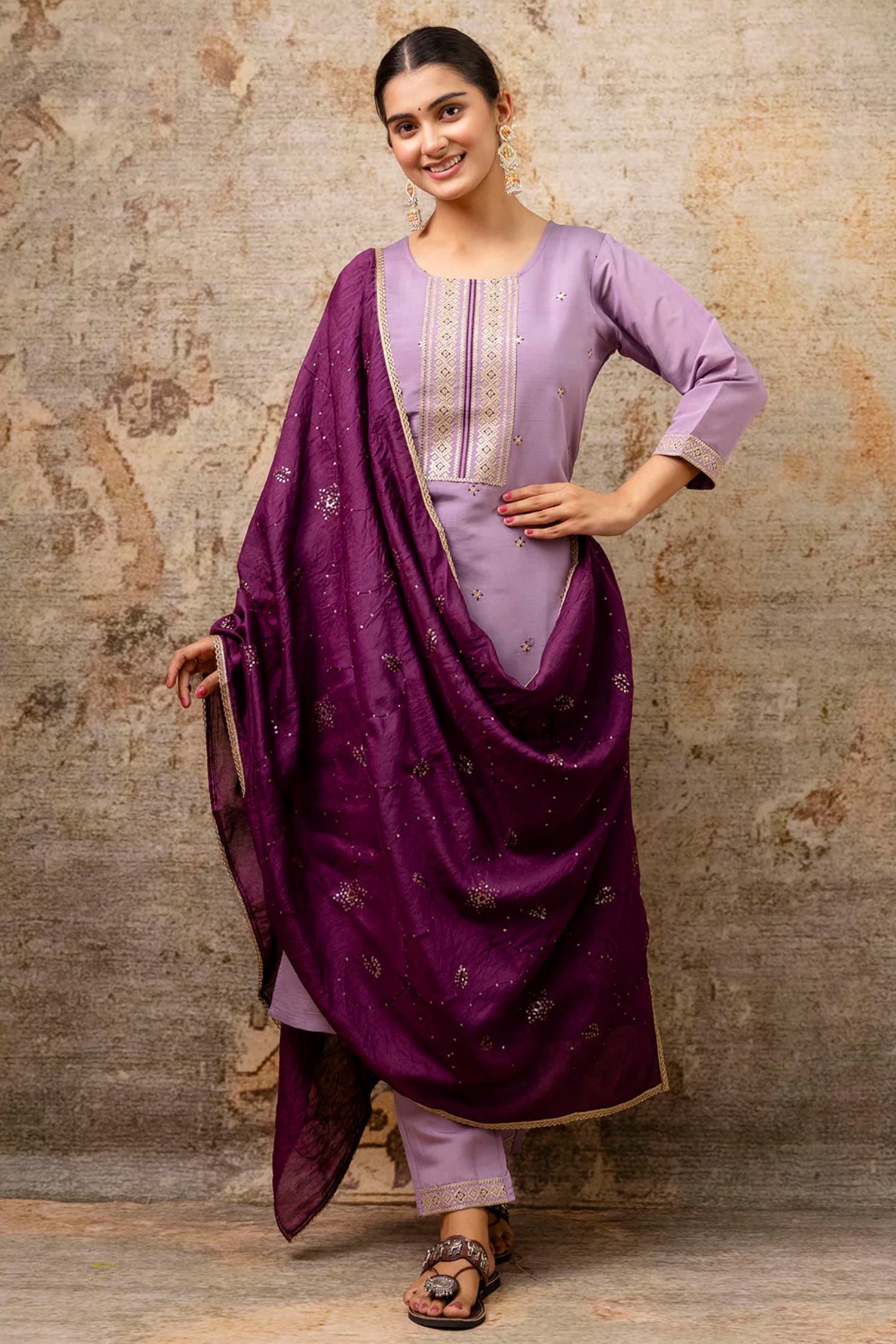 Lavender Purple Silk Embroidered Straight Cut Kurti Set
