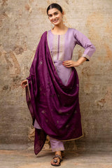 Lavender Purple Silk Embroidered Straight Cut Kurti Set