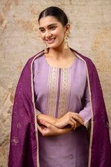 Lavender Purple Silk Embroidered Straight Cut Kurti Set