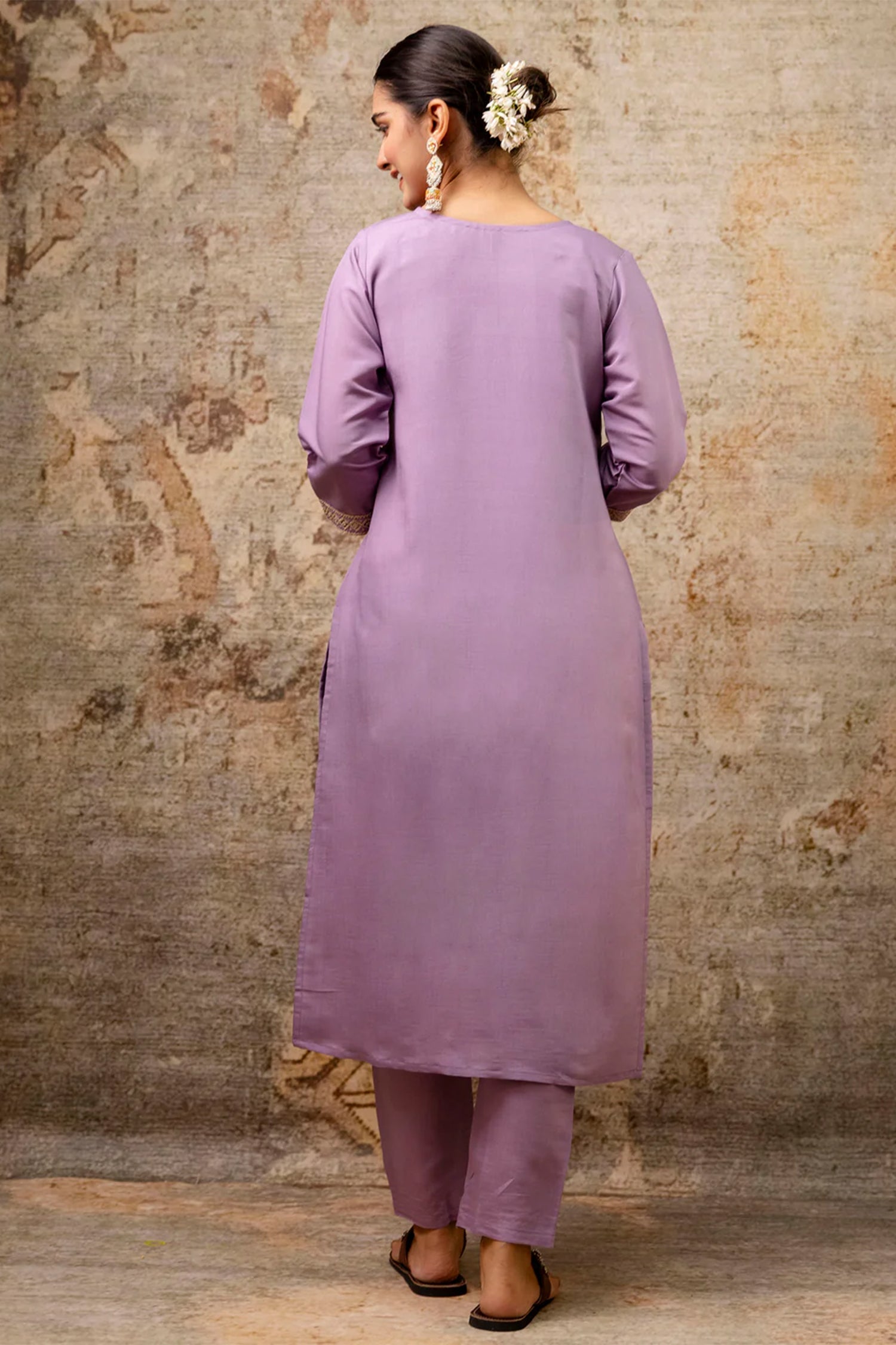 Lavender Purple Silk Embroidered Straight Cut Kurti Set