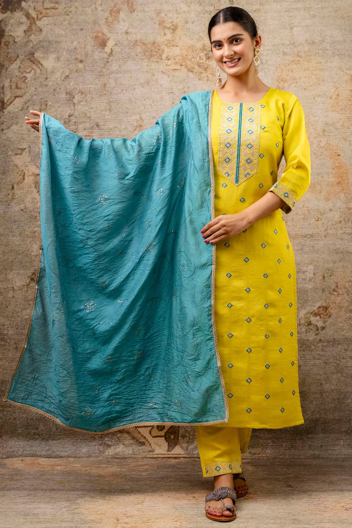 Yellow Silk Embroidered Straight Cut Kurti Set