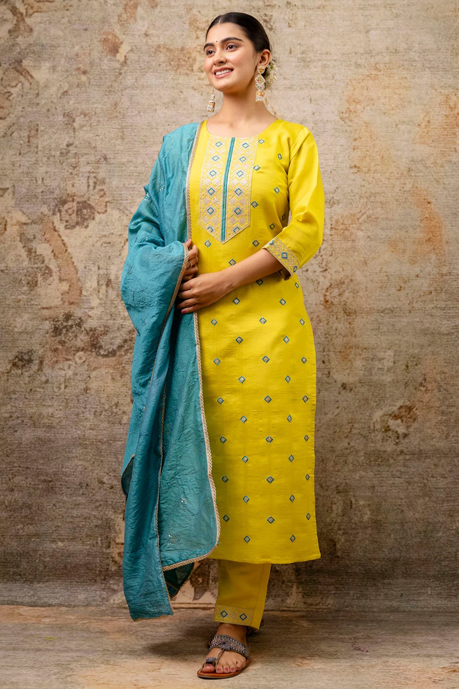 Yellow Silk Embroidered Straight Cut Kurti Set