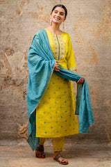 Yellow Silk Embroidered Straight Cut Kurti Set