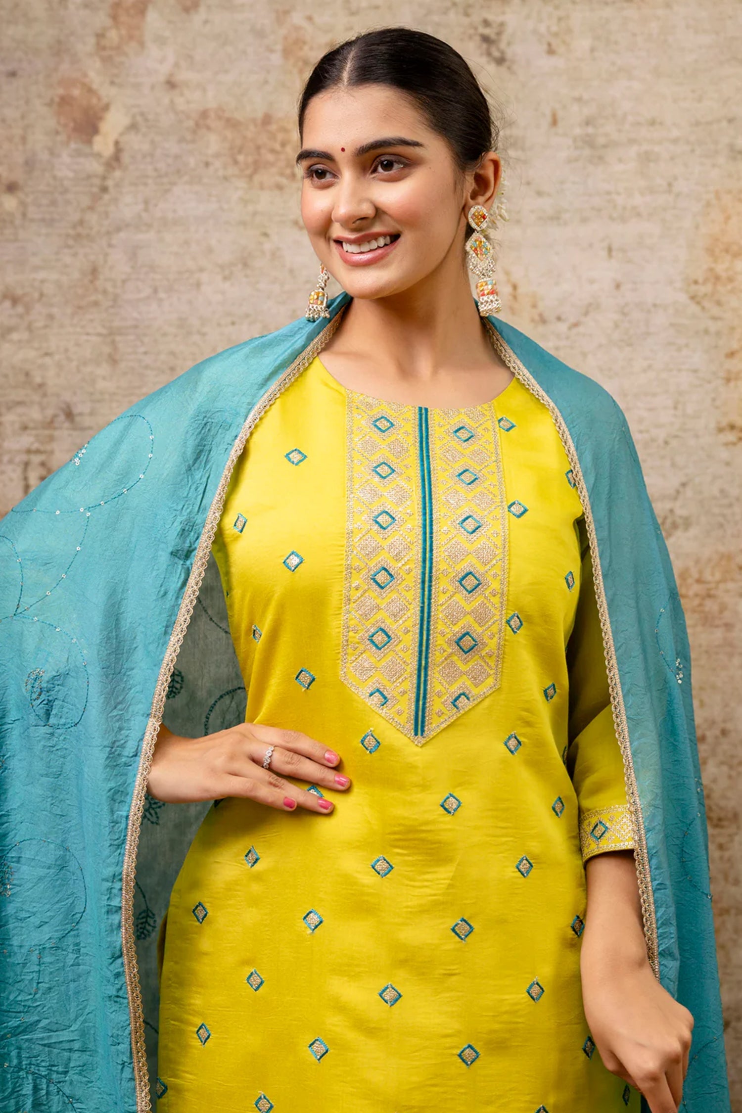 Yellow Silk Embroidered Straight Cut Kurti Set
