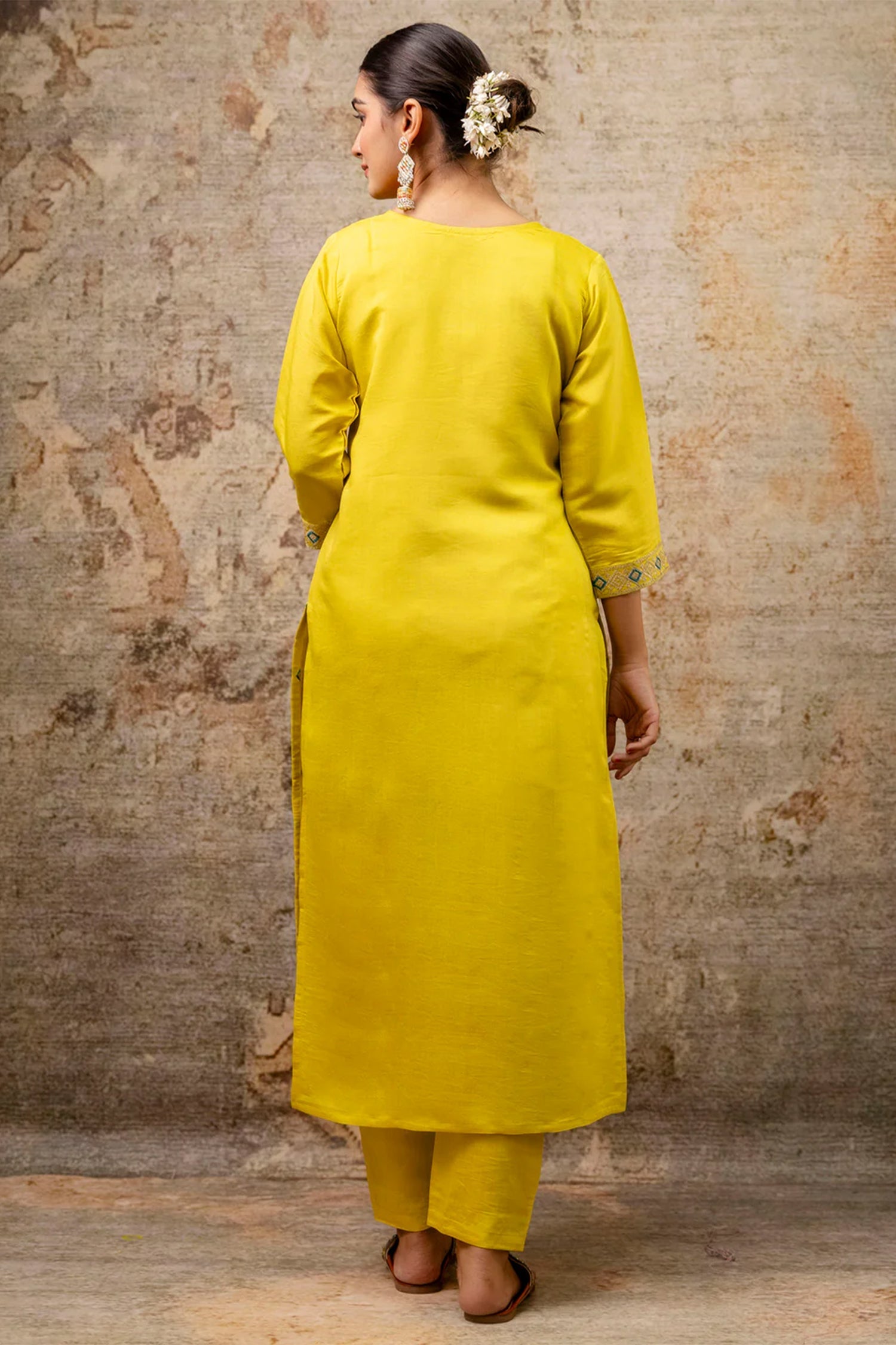 Yellow Silk Embroidered Straight Cut Kurti Set