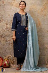 Navy Blue Silk Embroidered Straight Cut Kurti Set