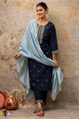 Navy Blue Silk Embroidered Straight Cut Kurti Set