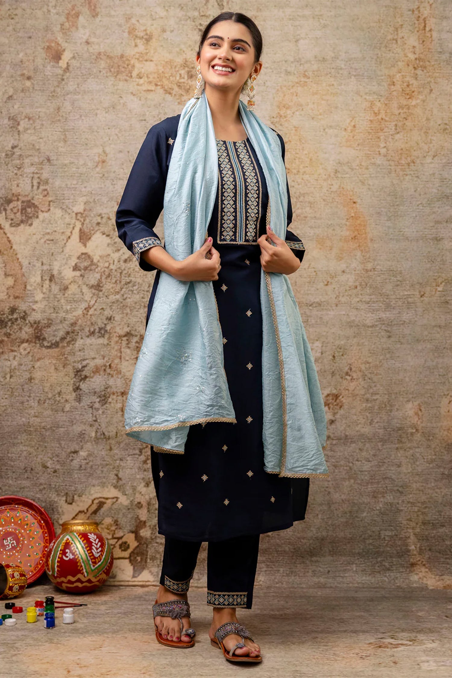 Navy Blue Silk Embroidered Straight Cut Kurti Set