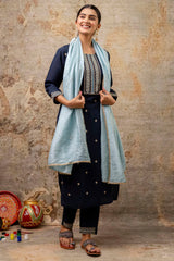 Navy Blue Silk Embroidered Straight Cut Kurti Set