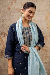Navy Blue Silk Embroidered Straight Cut Kurti Set