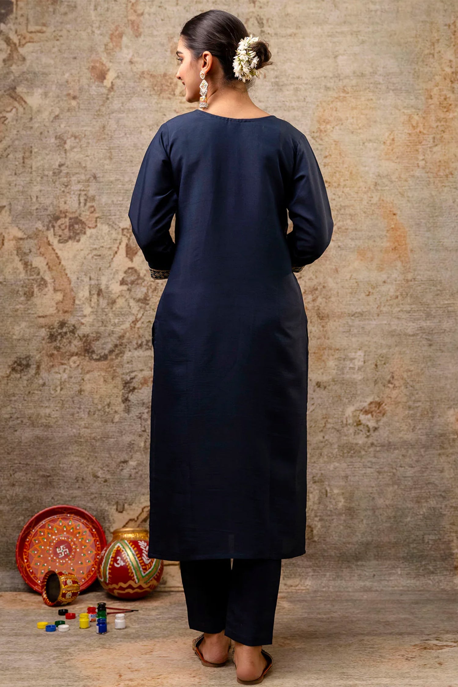 Navy Blue Silk Embroidered Straight Cut Kurti Set