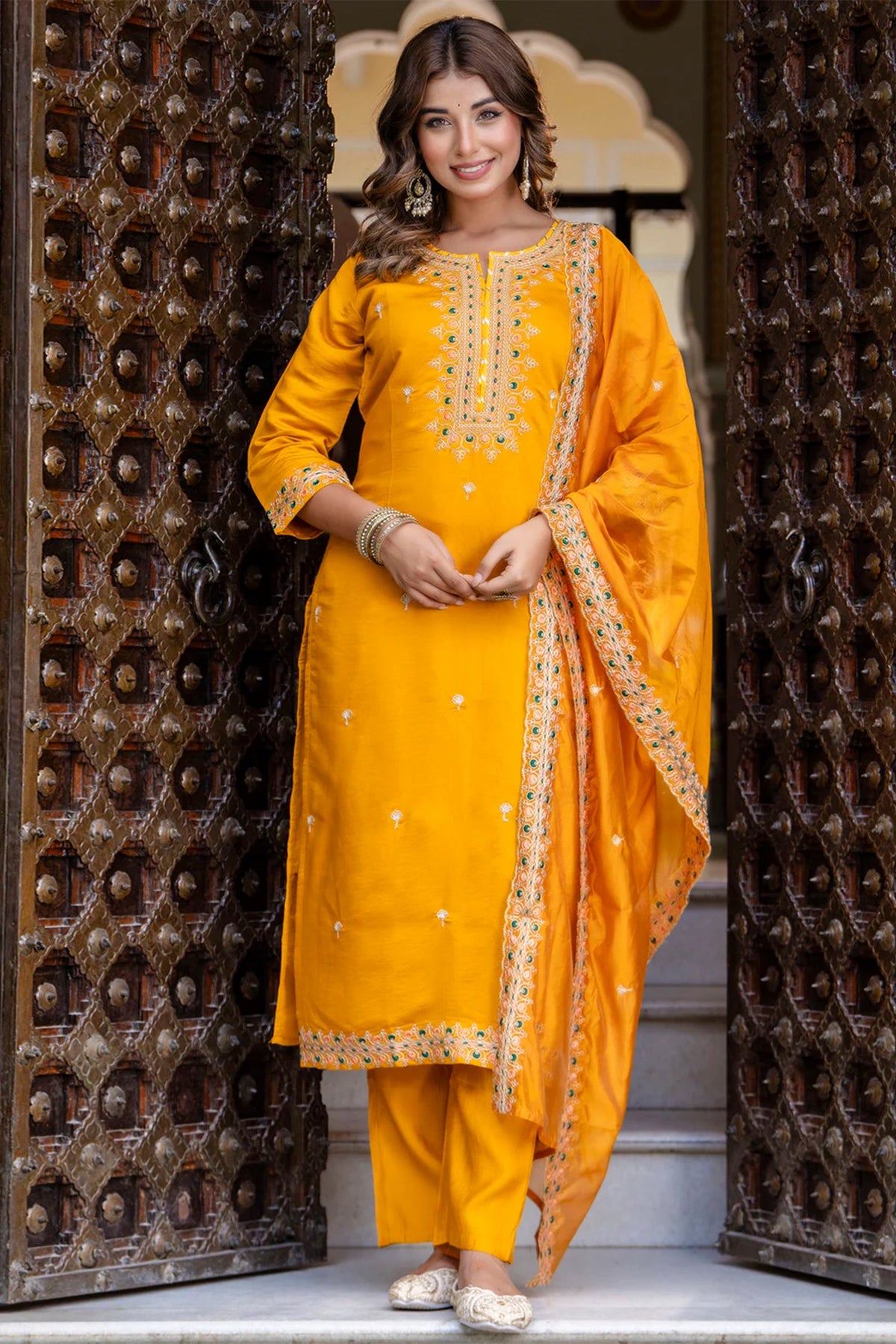 Mustard Silk Embroidered Straight Cut Kurti Set
