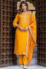 Mustard Silk Embroidered Straight Cut Kurti Set