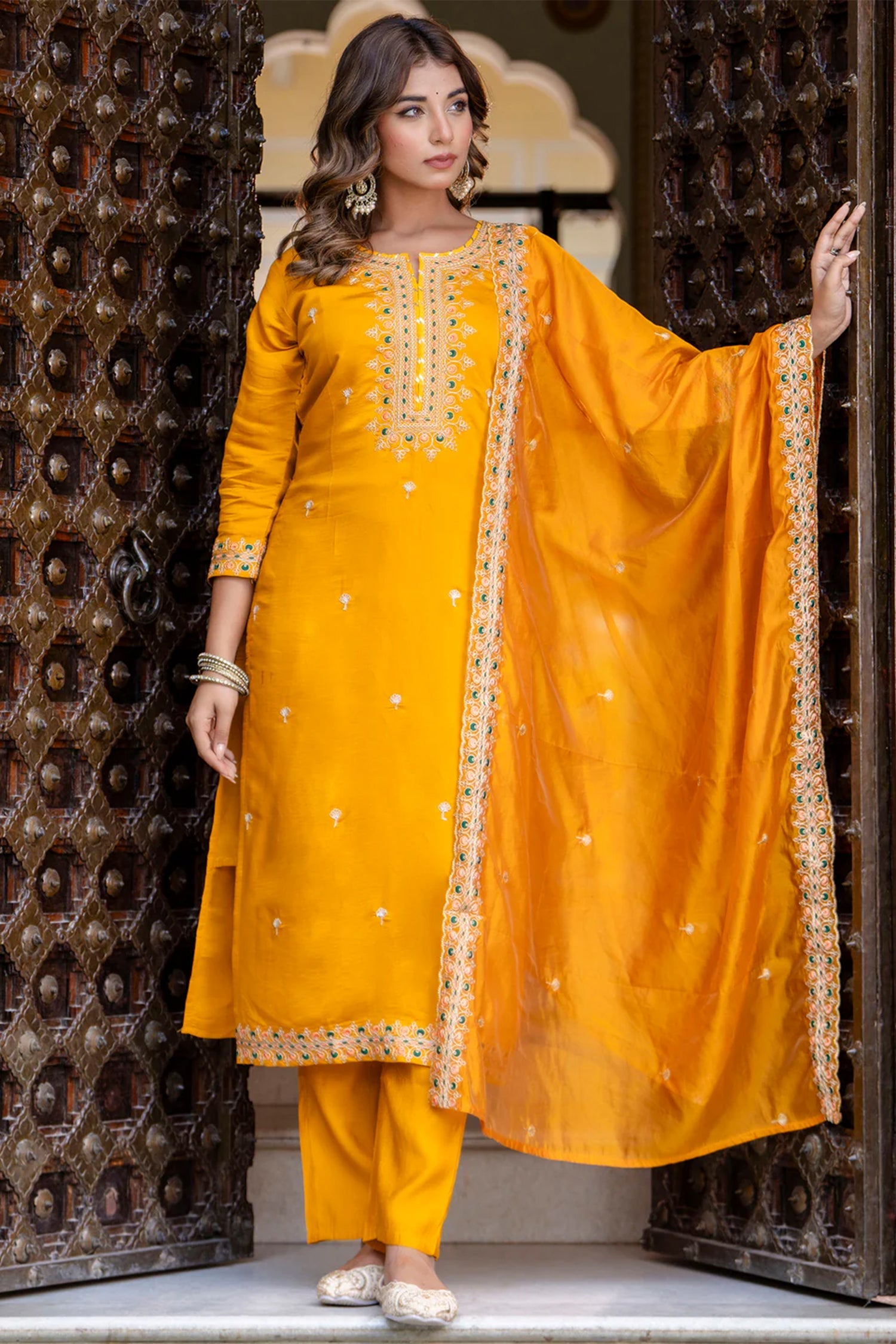 Mustard Silk Embroidered Straight Cut Kurti Set