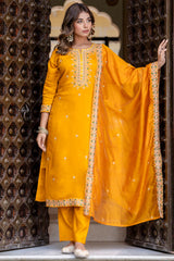 Mustard Silk Embroidered Straight Cut Kurti Set