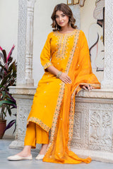 Mustard Silk Embroidered Straight Cut Kurti Set