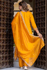 Mustard Silk Embroidered Straight Cut Kurti Set