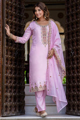 Light Pink Silk Embroidered Straight Cut Kurti Set