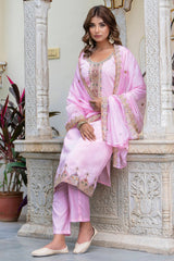 Light Pink Silk Embroidered Straight Cut Kurti Set