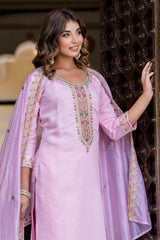 Light Pink Silk Embroidered Straight Cut Kurti Set