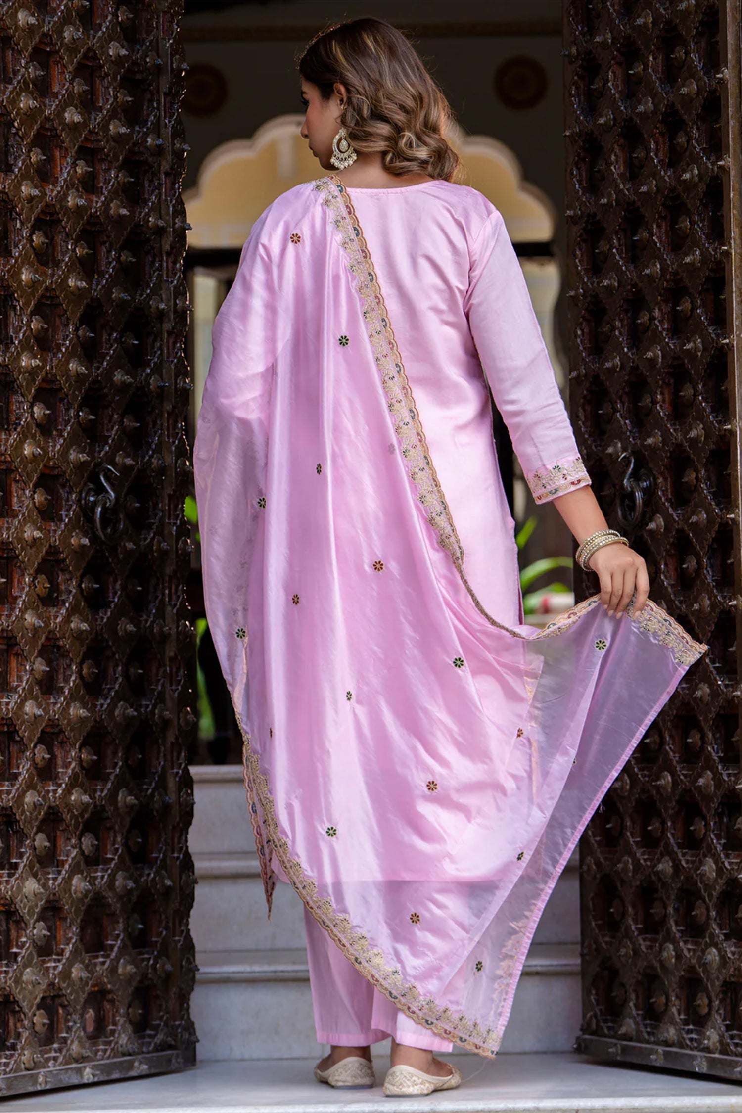 Light Pink Silk Embroidered Straight Cut Kurti Set