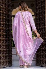 Light Pink Silk Embroidered Straight Cut Kurti Set