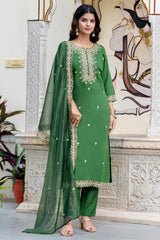 Green Silk Embroidered Straight Cut Kurti Set