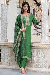 Green Silk Embroidered Straight Cut Kurti Set