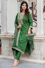 Green Silk Embroidered Straight Cut Kurti Set
